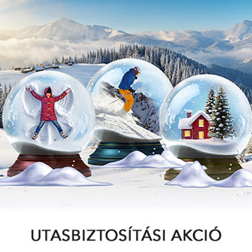 Utasbiztosítási kampány. A képen 3 üveggömb látható, az egyikben egy hóangyalt készít egy gyerek, a másodikban egy sielőt látunk, a harmadikban pedig egy téli havas házat fenyőfákkal körülvéve.